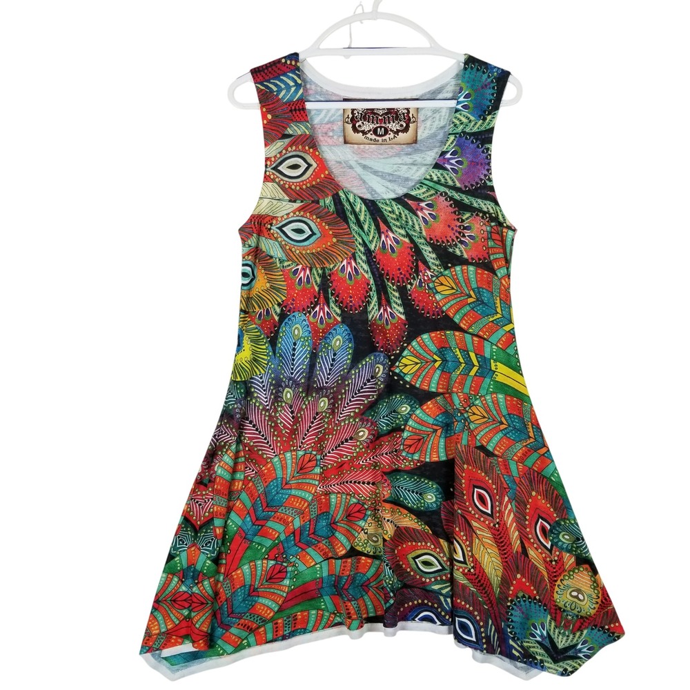 Amma Design Tunic Top Womens M Multicolor Peacock Feather Print Sharkbite Hem